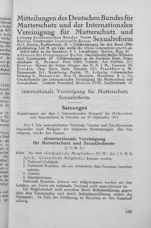 Mitteilungen des Deutschen Bundes für Mutterschutz und der Internationalen Vereinigung für Mutterschutz und Sexualreform
