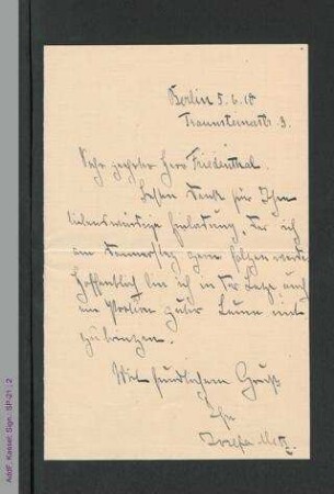 Brief von Josefa Metz an Albert Friedenthal, hs.