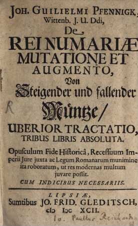 De Rei nummariae mutatione et augmento