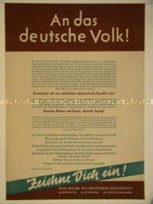 Maueranschlag des Präsidiums des Deutschen Volksrates mit dem Aufruf zur Teilnahme am Volksbegehren für die Einheit Deutschlands