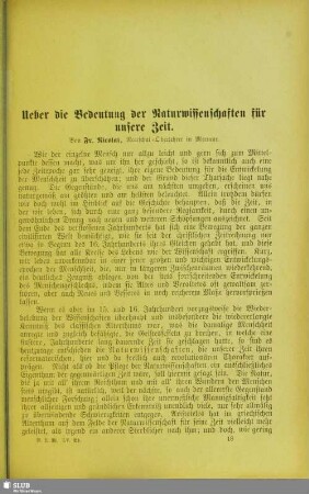 Ueber die Bedeutung der Naturwissenschaften für unsere Zeit