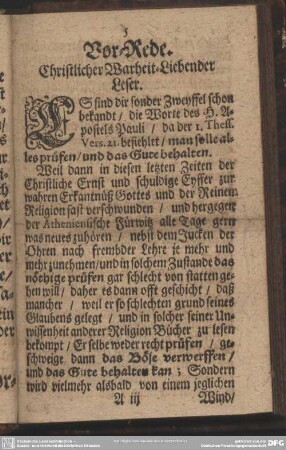 Vor-Rede. Christlicher Warheit-Liebender Leser