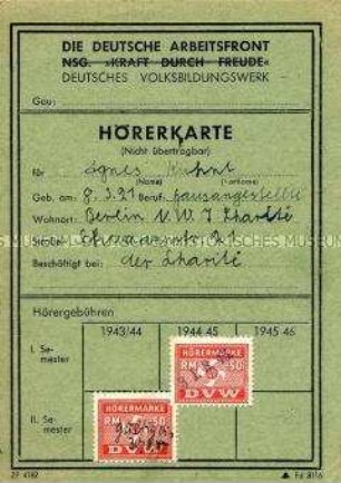 Hörerkarte des Deutschen Volksbildungswerkes der DAF