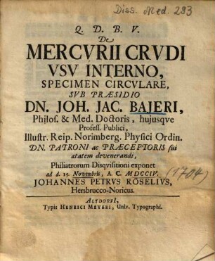 De Mercvrii Crvdi Vsv Interno, Specimen Circvlare