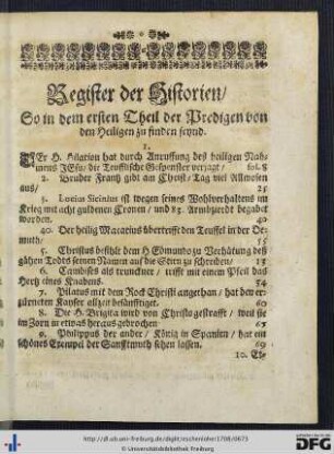 Register der Historien, So in dem ersten Theil der Predigen von den Heiligen zu finden seynd.
