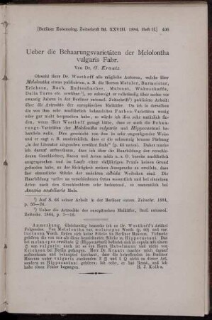 Ueber die Behaarungsvarietäten der Melolontha vulgaris Fabr.