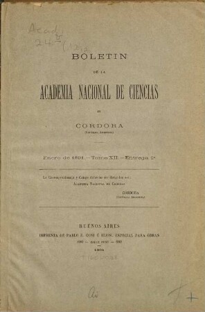 Boletín de la Academia Nacional de Ciencias en Córdoba. 12. 1891