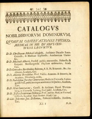 Catalogus Nobilissimorum Dominorum Quorum Observationes Physico - Medicae in His Duabus Centuriis Leguntur.