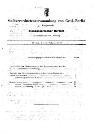 Nr. 4, 14. Februar 1949, Außerordentliche Sitzung