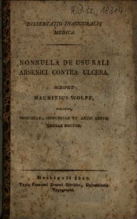 Dissertatio inauguralis medica. Nonnulla de usu kali arsenici contra ulcera