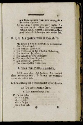 I. Von den Hilfszeitwörtern. - III. Von den leidenden Zeitwörtern.