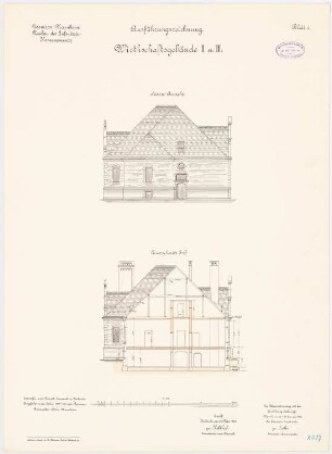 Garnison des Infanterie-Kasernements, Mannheim Wirtschaftsgebäude I und II: Aufriss Seitenansicht, Querschnitt 1:100