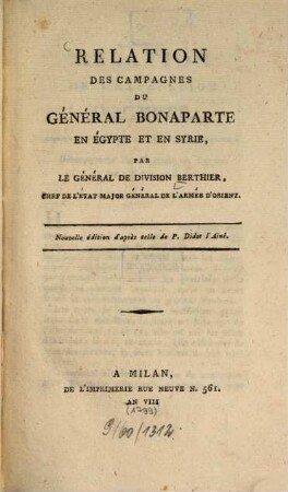 Relation des campagnes du Général Bonaparte en Égypte et en Syrie