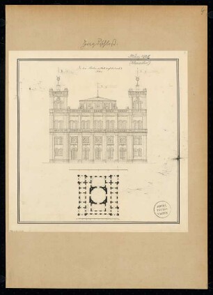 Jagdschloss Monatskonkurrenz März 1828: Grundriss Erdgeschoss, Aufriss Vorderansicht (= Rückansicht); Maßstabsleiste