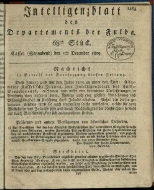 68tes Stueck, (Sonnabend) den 2ten December 1809