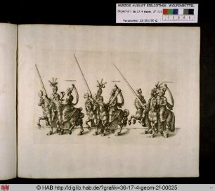 Temperantia, Fortitudo und Constantia zu Pferd in Begleitung Lanzen tragender Reiter.