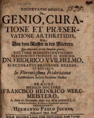 Diss. ... de genio, curatione et praeservatione arthritidis sive vom Reissen in den Gliedern
