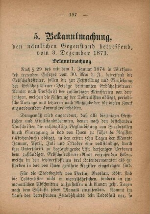 5. Bekanntmachung, den nämlichen Gegenstand betreffend, vom 3. Dezember 1873.