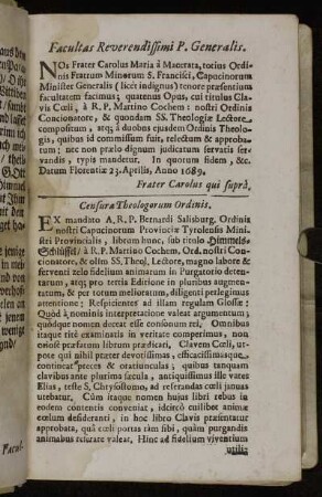 Facultas Reverendissimi P. Generalis. - Censura Theologorum Ordinis. - Privilegium Cæsareum.