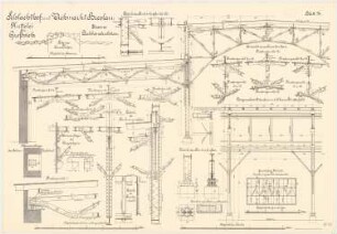 Schlachthof und Viehmarkt, Breslau Großviehkuttelei: Eiserne Dachkonstruktion. Querbinder: Schema 1:100 Ansicht Knotenpunkte Längsschnitt 1:20