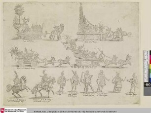 [Theatervorstellung; Les chars de la fête, avec les habillements des chevaliers et de leurs suivants]