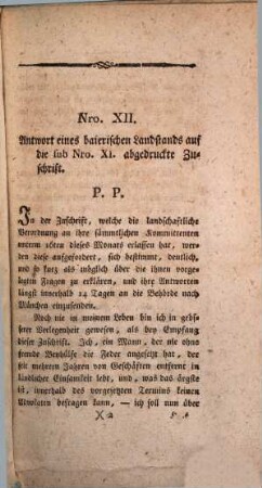 Präliminarien eines neuen Landtages in Baiern. 4,[a], Nro. XII, Antwort eines baierischen Landstands auf die sub Nro. XI abgedruckte Zuschrift