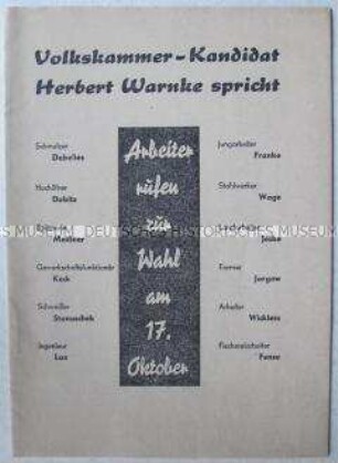 Flugschrift mit dem Wortlaut einer Rede von Herbert Warnke und Aufrufen weiterer Kandidaten zur Volkskammerwahl 1954