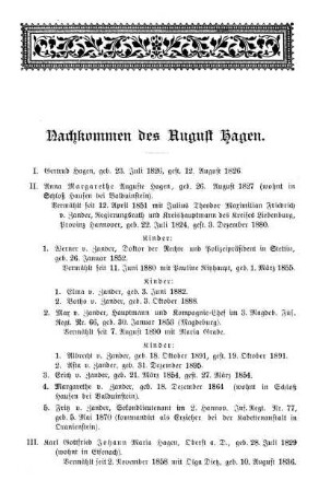 Nachkommen des August Hagen.