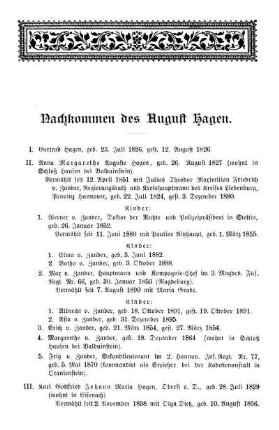 Nachkommen des August Hagen.
