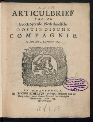 Articulbrief Van De Geoctroyeerde Nederlandsche Oostindische Compagnie : In dato den 4 September 1742