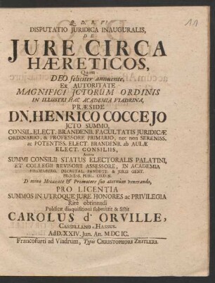 Disputatio Iuridica Inauguralis, De Iure Circa Haereticos