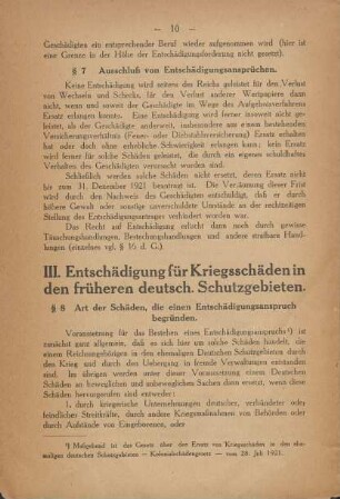 III. Entschädigung für Kriegsschäden in den früheren deutsch. Schutzgebieten