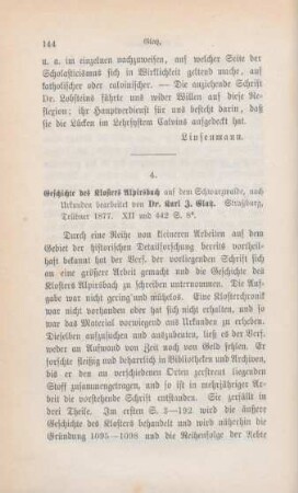 144-145 [Rezension] Glatz, Karl Jordan, Geschichte des Klosters Alpirsbach auf dem Schwarzwalde