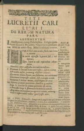 Titi Lucretii Cari Libri I. De Rerum Natura Pars.