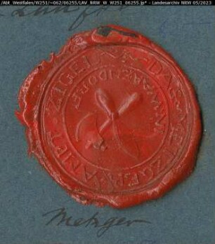 Siegler: Warendorf, Metzger-Zunft Überlieferungsart: Abdruck. Stoff: Lack Farbe: rot Form: rund. Durchmesser: 46 mm