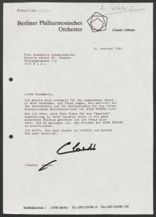 Brief an Rosemarie Schwarzwälder an Kunsthandlung Galerie nächst Sankt Stephan, 15.02.1994