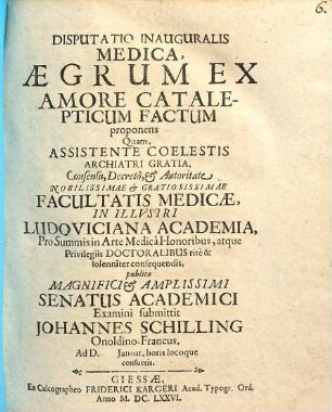 Disputatio inauguralis medica aegrum ex amore catalepticum factum proponens ...
