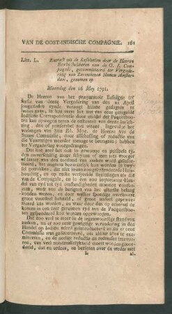 Litt. L. Extract uit de resolutien door de heeren bewindhebberen van de O. I. Compagnie ... maandag den 16 mey 1791
