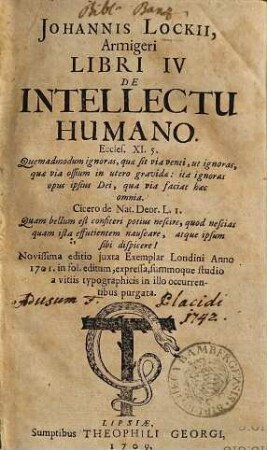 Iohannis Lockii, Armigeri Libri IV De Intellectu Humano