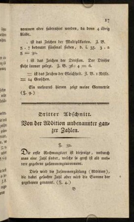 17-32, Dritter Abschnitt. Von der Addition unbenannter ganzer Zahlen, § 32 - 35; Vierter Abschnitt. Von der Subtraction unbenannter ganzer Zahlen, § 36 - 39