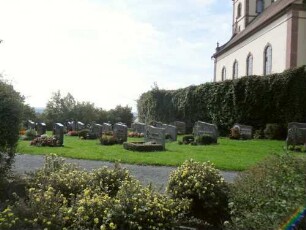 Ansicht von Nordosten mit Kirche über (überwachsener) Kirchhofmauer (Wehrgang mit Steinbrüstung im 18 Jh abgetragen) und Grabenvorfeld