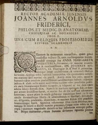 Rector Academiæ Jenensis Joannes Arnoldus Friderici [...]