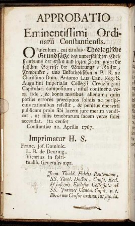 Approbatio eminentissimi ordinarii Constantiensis.