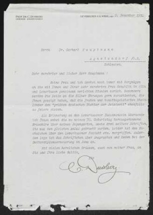 Brief von Carl Duisberg an Gerhart Hauptmann