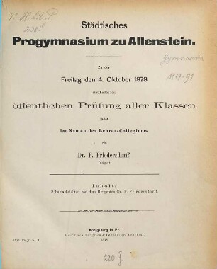 Zu der ... stattfindenden öffentlichen Prüfung aller Klassen ladet im Namen des Lehrer-Collegiums ... ein. 1877/78