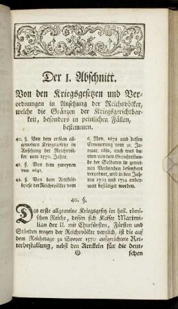 Der 1. Abschnitt. Von den Kriegsgesetzen und Verordnungen in Ansehung der Reichsvölker, welche die Gränzen der Kriegsgerichtbarkeit, besonders in peinlichen Fällen, bestimmen.