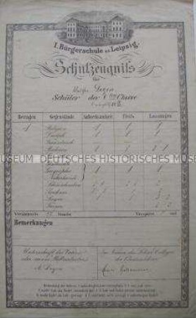 Schulzeugnis der I. Bürgerschule zu Leipzig für Walther Degen, Schüler der 6. Klasse 1871/1872; Leipzig, 1872