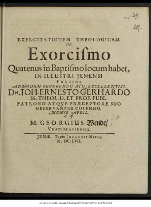 Exercitationem Theologicam De Exorcismo Quatenus in Baptismo locum habet, In Ilustri Ienensi