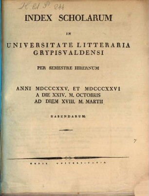 Index scholarum in Universitate Litteraria Gryphiswaldensi ... habendarum. WS 1825/26