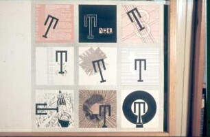 Kontraste bilden zum gegebenen Zeichen "T". Tusche, Feder, Pinsel, Schreibmaterial, Wasserfarben, Collage; 42 x 59 cm (1931; H. Rose)